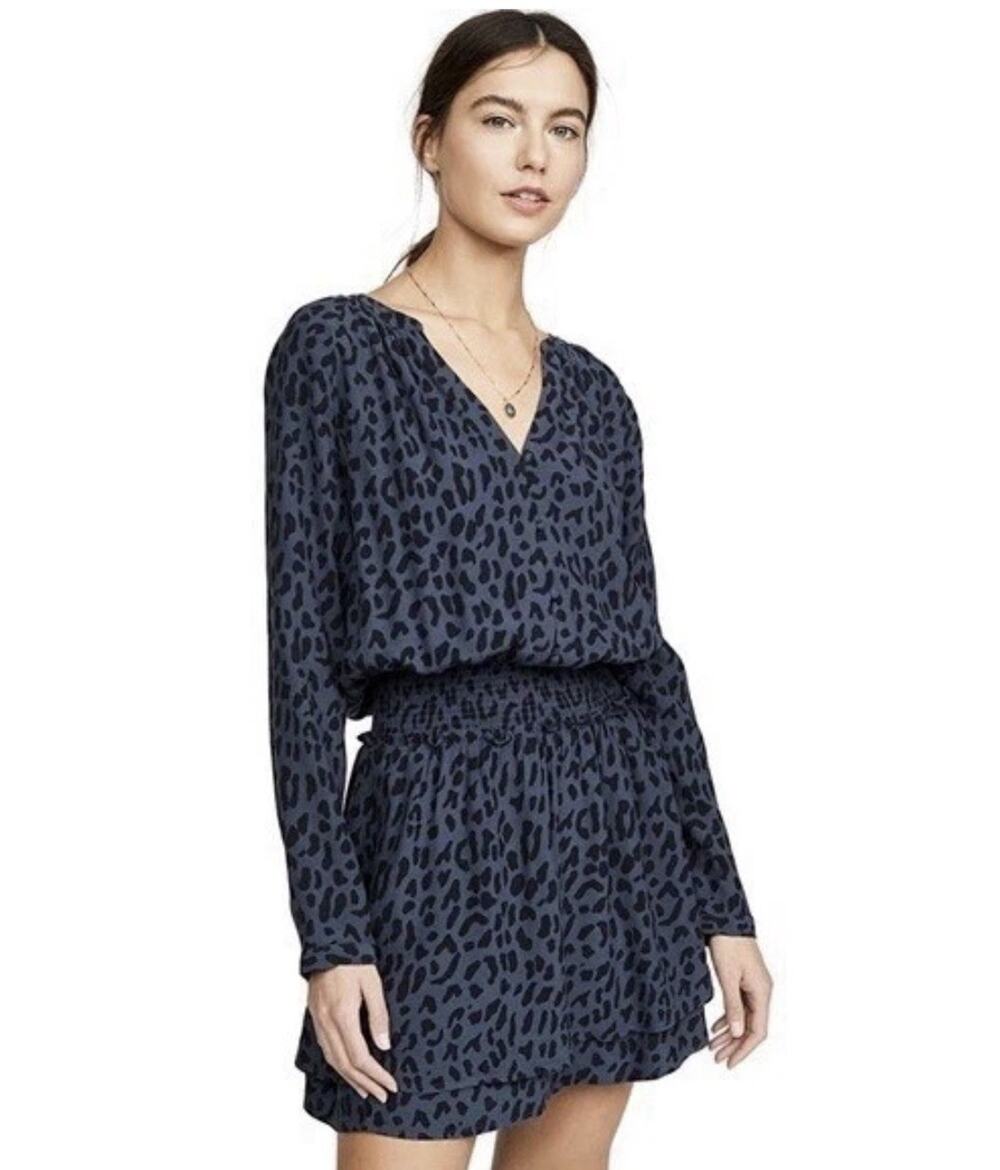 RAILS Jasmine Dress Size M Blue Azure Leopard Long Sleeve Smocked Waist V Neck